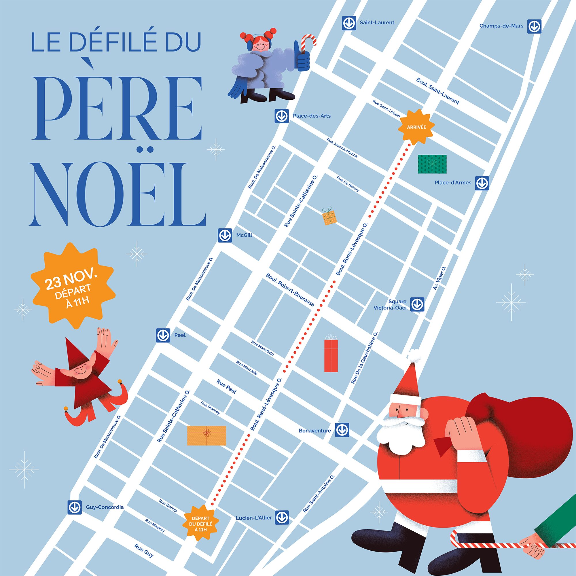 mapa de desfile navideño en montreal