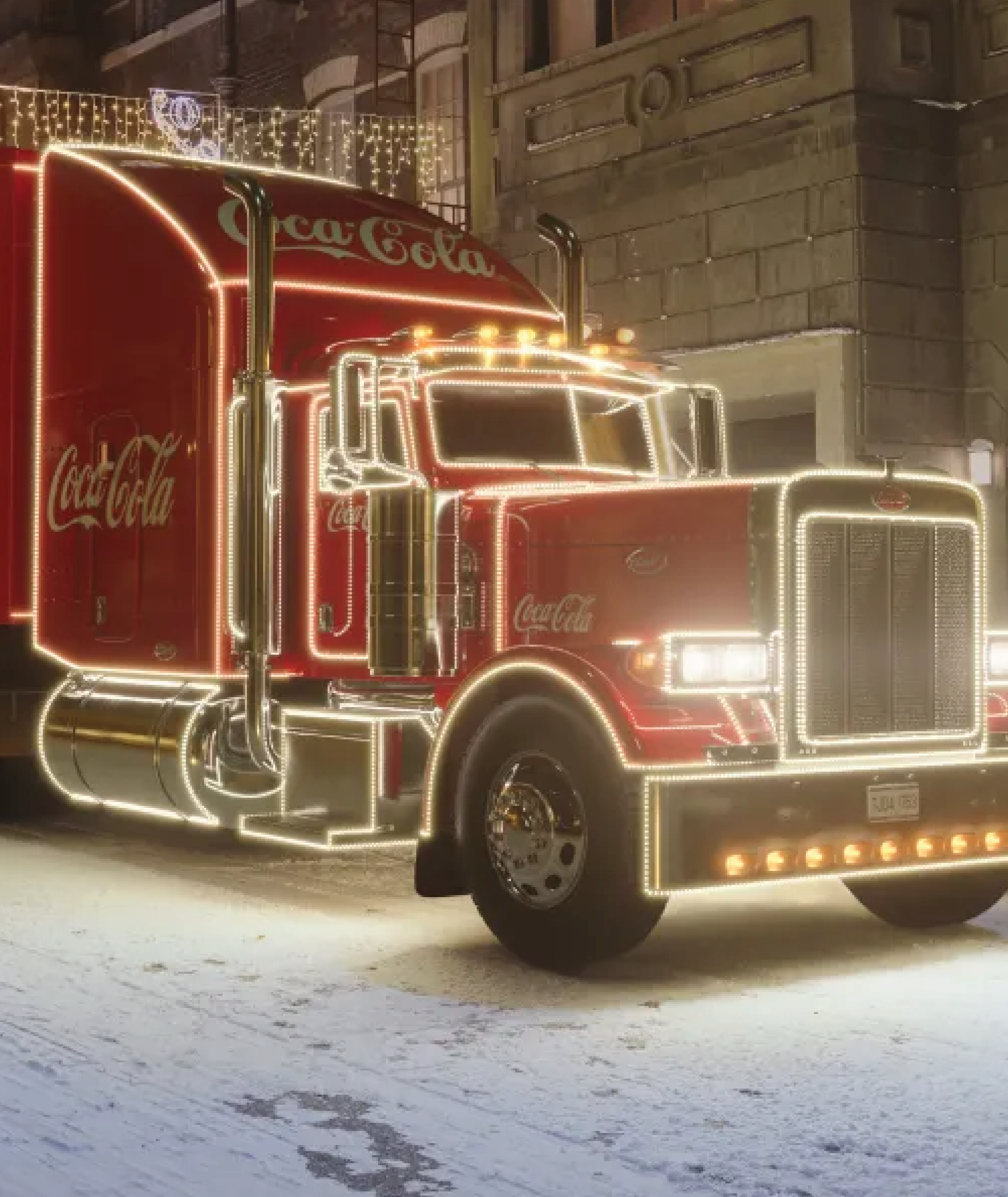 camion de coca-cola celebrando la caravana navideña en montreal